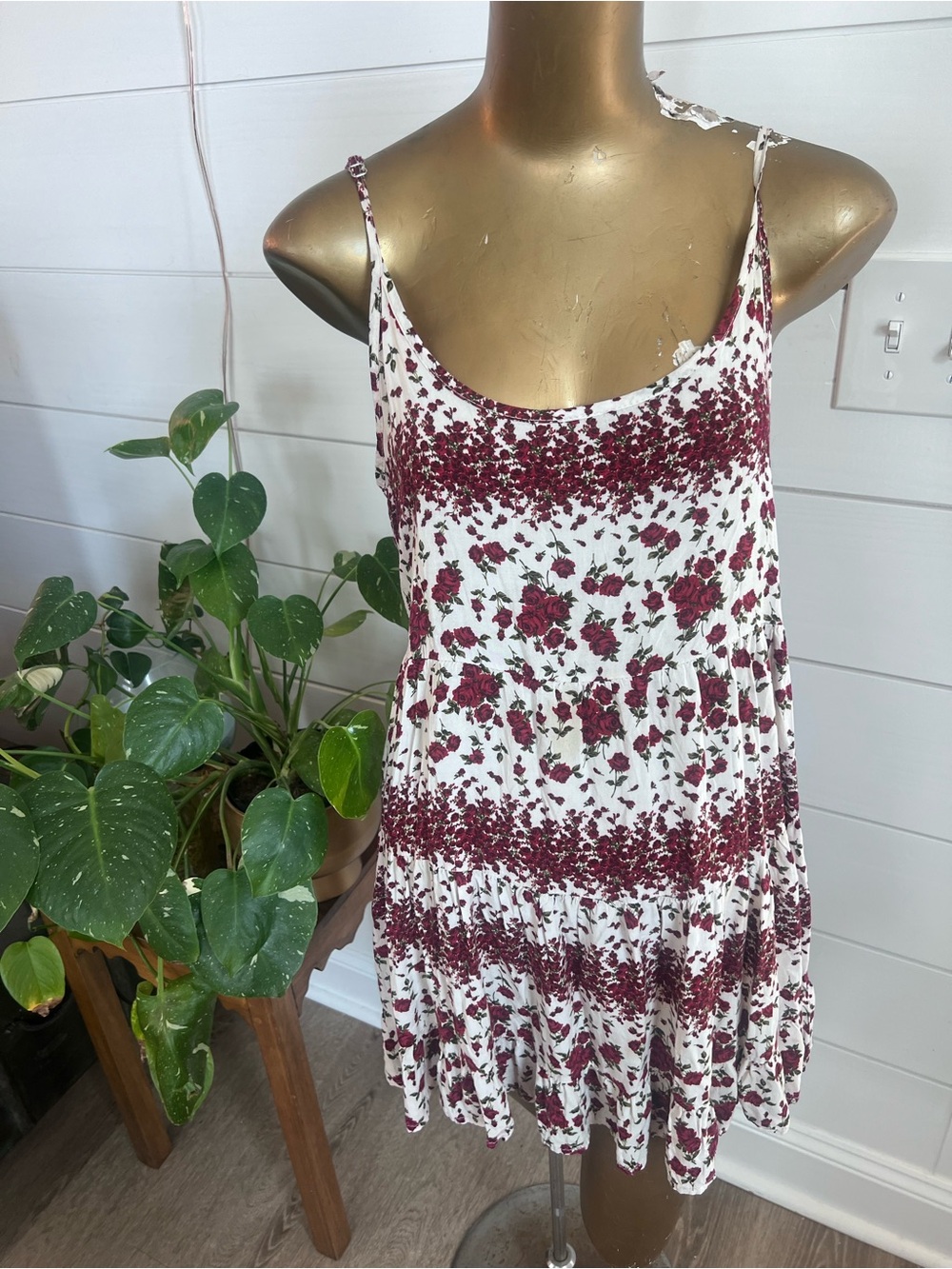 Floral Spaghetti Strap Swing Dress -with Burgundy Rose Print Brandy Melville
